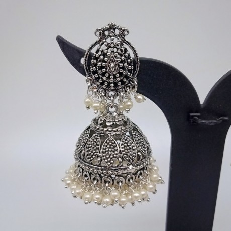 Oxidized Silver Jhumkas with Double Layered Pearl Beads 